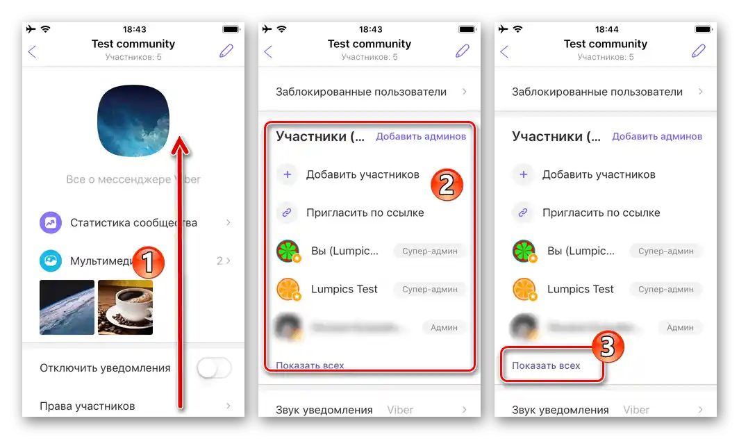 Viber за iPhone, раздел блок Участници в Настройки на общността, опция Показване на всички