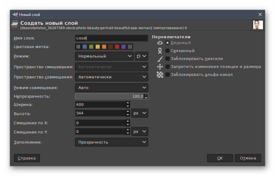 ویرایش پارامترهای لایه جدید برای ایجاد چشمهای قرمز در عکس در برنامه GIMP