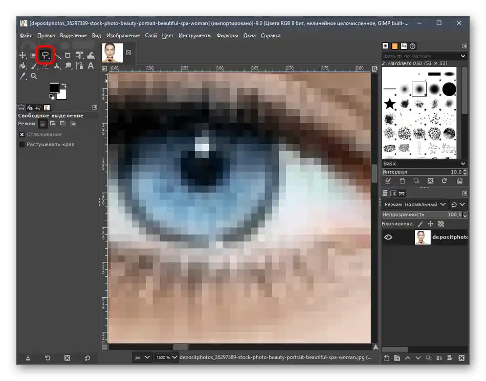 انتخاب ابزار انتخاب آزاد برای دور زدن چشم از طریق برنامه GIMP