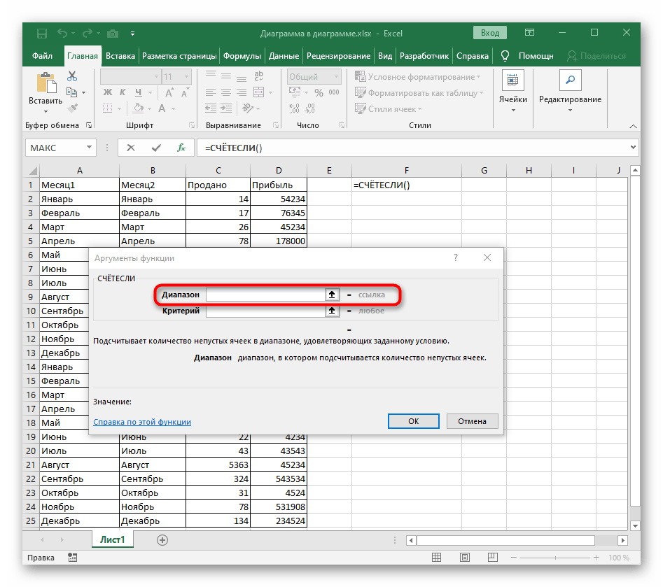 Редактирање опсега за функцију СЧЕТЕСЛИ у Excel-у у прозору Аргументи функције