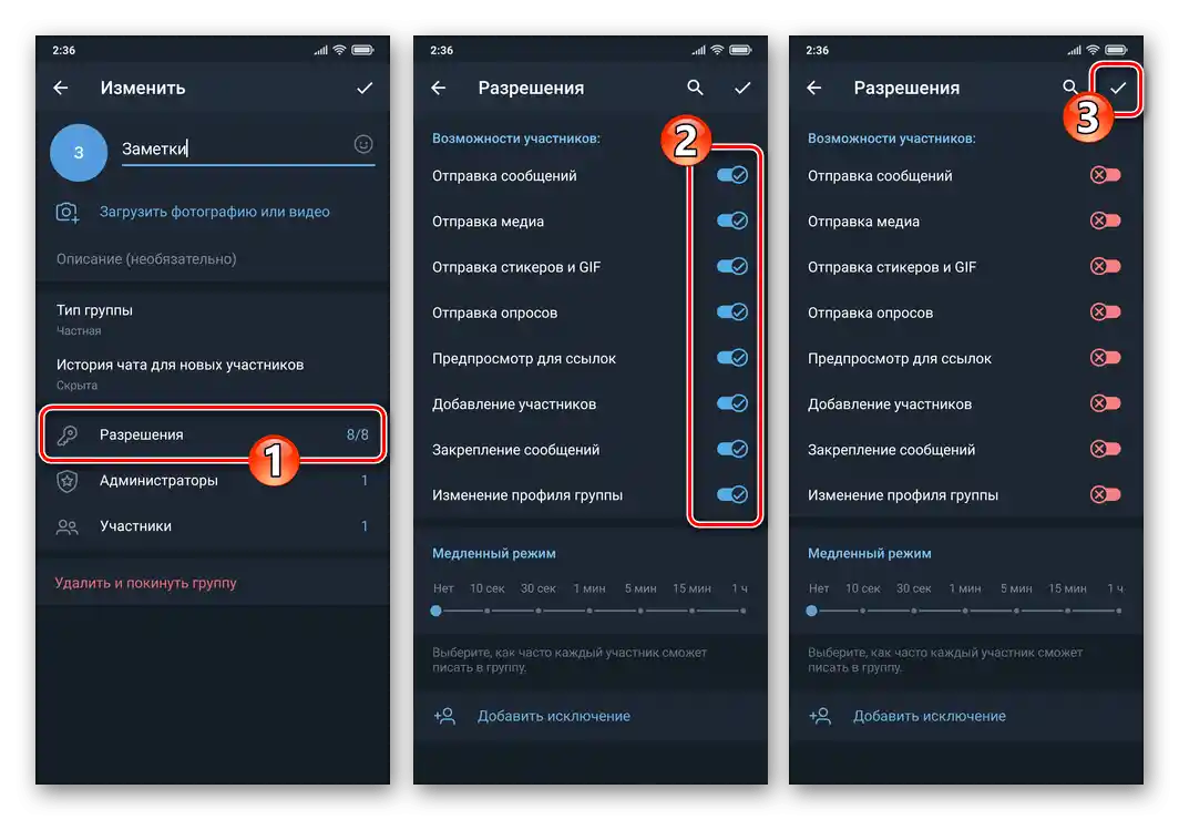 Telegram за Android отзив на всички разрешения Възможности на участниците в груповия чат на мессенджера