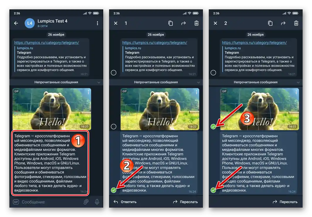 Telegram за Android - Избор на няколко съобщения в чата за пренасочване към Избрани