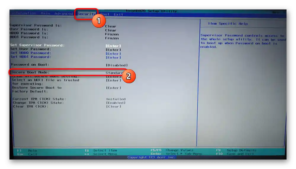 Увімкнення режиму Secure Boot у налаштуваннях BIOS ноутбука Acer для усунення помилки Secure Boot Fail