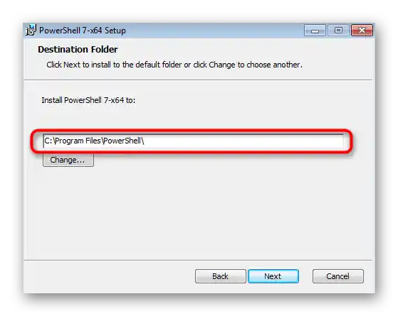 Вибір розташування для встановлення додатку останньої версії PowerShell у Windows 7