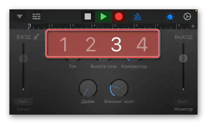 Отсчет преди записването на звук в приложението GarageBand за iPhone