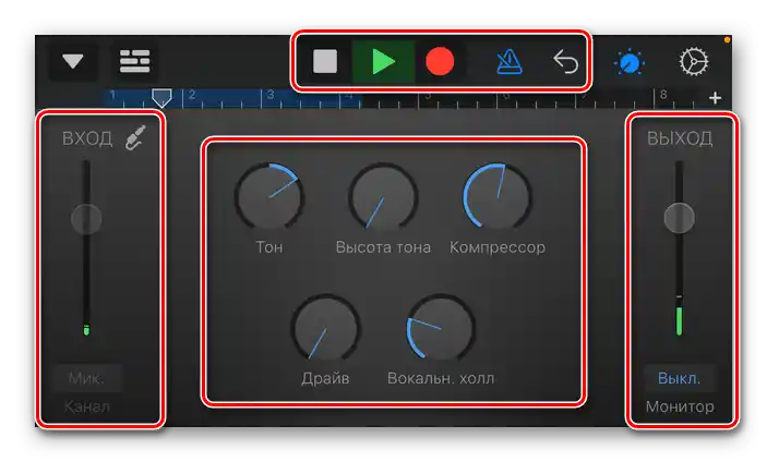 Ovládacie prvky dostupné v aplikácii GarageBand pre iPhone