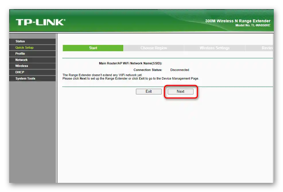 Potvrdenie spustenia rýchlej konfigurácie zosilňovača TP-Link v starej verzii firmvéru