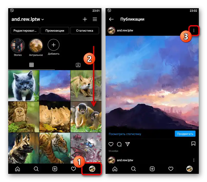 Вибір публікації для видалення в додатку Instagram