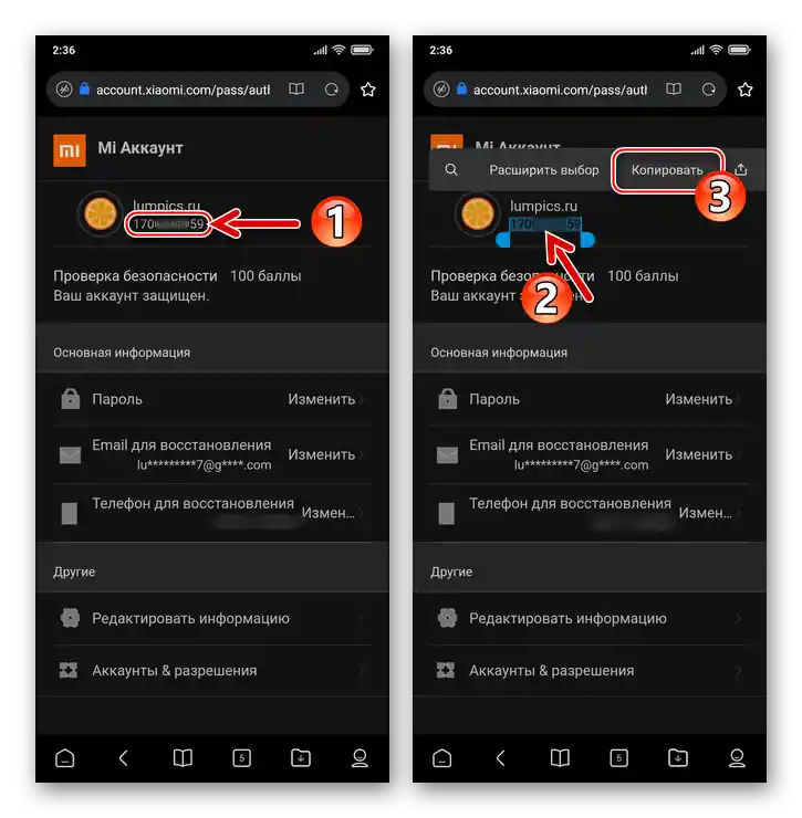 Демонстрация на ID на Mi акаунта в MIUI на уеб страницата на профила, копиране на идентификатора в буфера на ОС