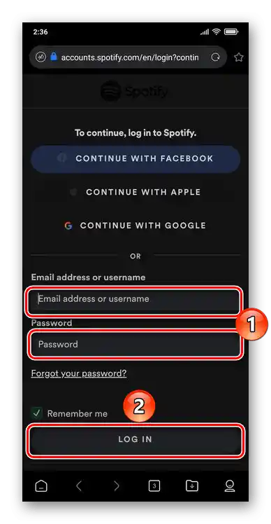 Wprowadzenie loginu i hasła do konta Spotify w aplikacji Discord na Androida