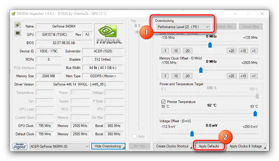 Ponastavitev overclockinga v NVIDIA Inspectorju za odpravo napake, da je aplikacija blokirala dostop do grafične opreme v Windows 10