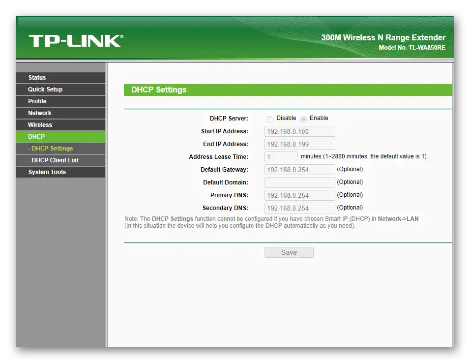 Informácie o DHCP serveri pri nastavení zosilňovača TP-Link TL-WA850RE v1.2