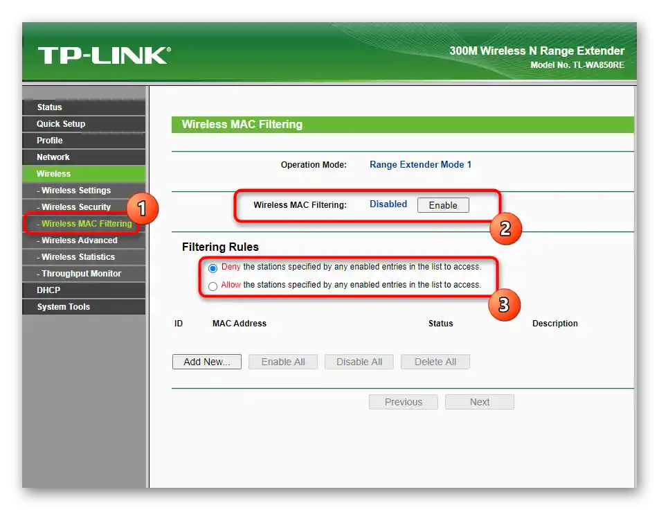 Aktivácia filtračného režimu pri nastavení bezdrôtovej siete pre zosilňovač TP-Link TL-WA850RE v1.2