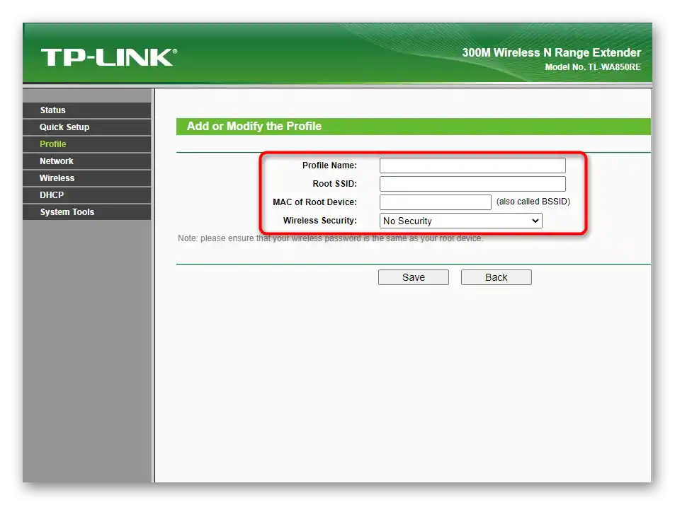Vytvorenie nového profilu pri nastavení zosilňovača TP-Link TL-WA850RE v1.2