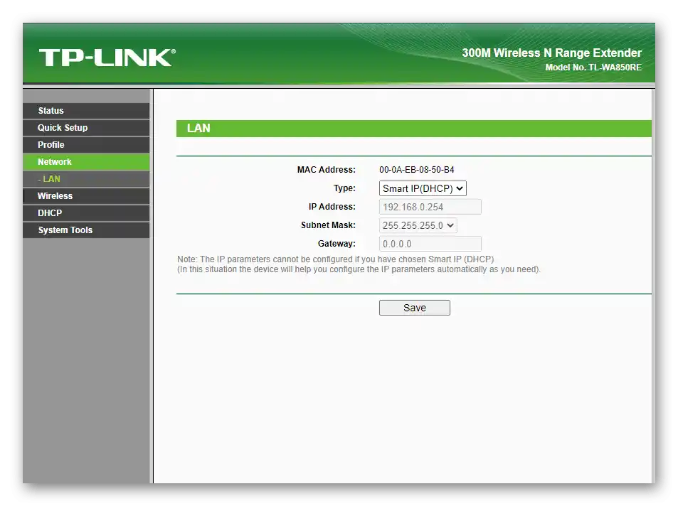 Nastavenie lokálnej siete pri ručnej konfigurácii zosilňovača TP-Link TL-WA850RE v1.2