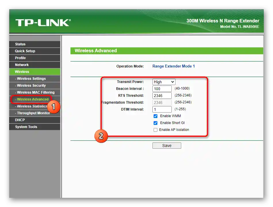 Rozšírené nastavenia bezdrôtovej siete pri konfigurácii zosilňovača TP-Link TL-WA850RE v1.2