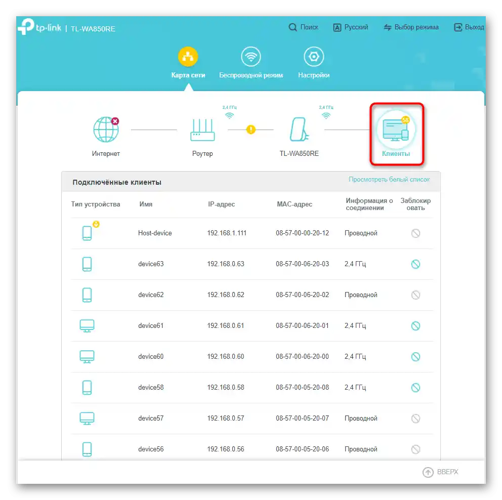 Zobrazenie informácií o klientoch zosilňovača TP-Link TL-WA850RE cez jeho webové rozhranie