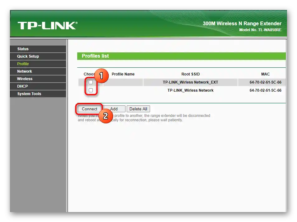 Výber jedného z profilov na pripojenie k zosilňovaču TP-Link TL-WA850RE v1.2