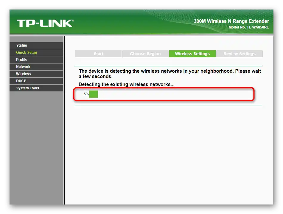 Proces skenovania dostupných sietí pri rýchlej konfigurácii zosilňovača TP-Link TL-WA850RE v1.2