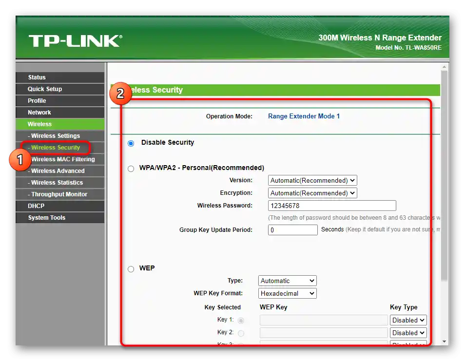 Parametre ochrany bezdrôtovej siete pri ručnom nastavení zosilňovača TP-Link TL-WA850RE v1.2