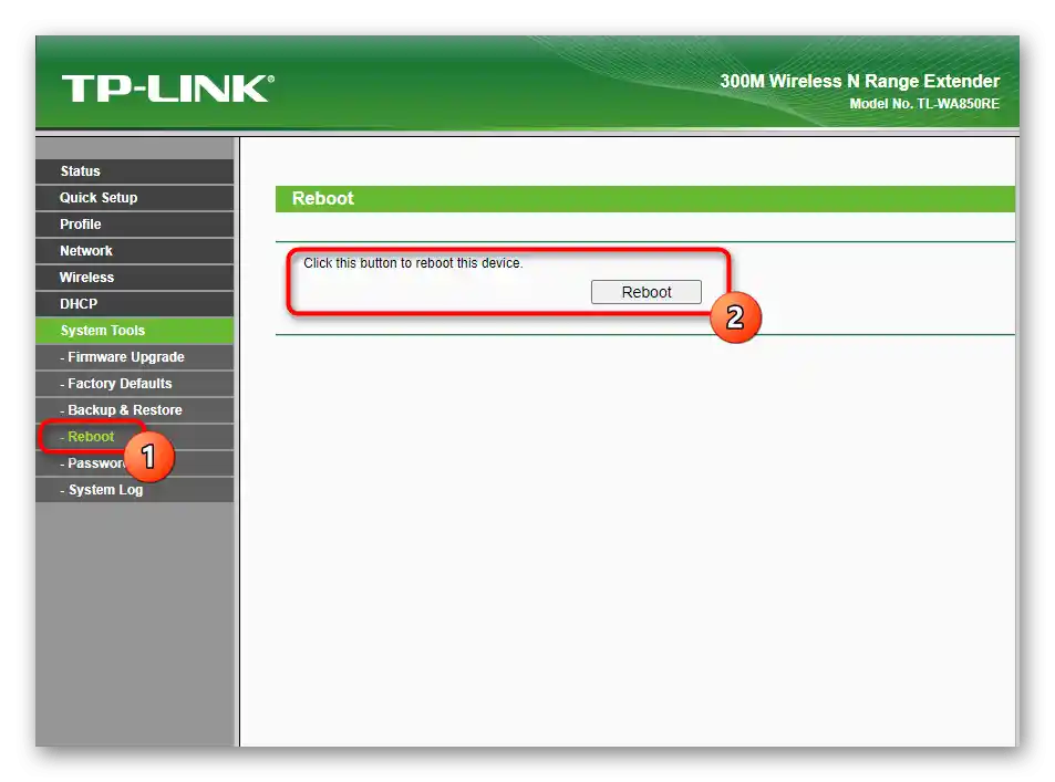 Tlačidlo na reštartovanie zosilňovača TP-Link TL-WA850RE v1.2 cez jeho webové rozhranie