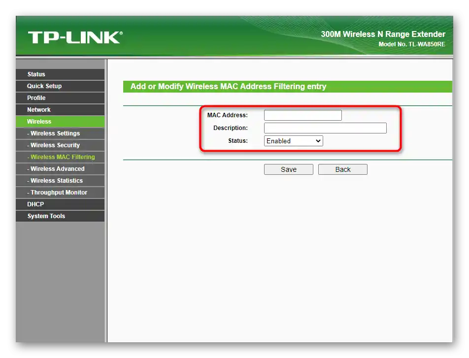 Pridanie zariadení na filtrovanie pri nastavovaní bezdrôtovej siete TP-Link TL-WA850RE v1.2