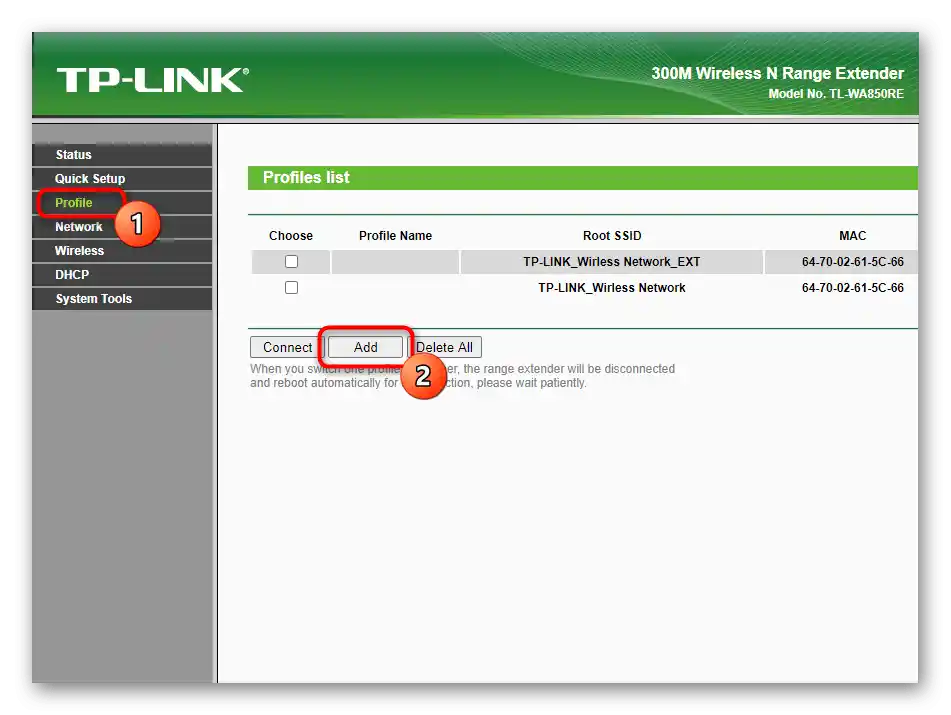 Prechod k pridaniu nového profilu pre zosilňovač TP-Link TL-WA850RE v1.2 cez jeho webové rozhranie