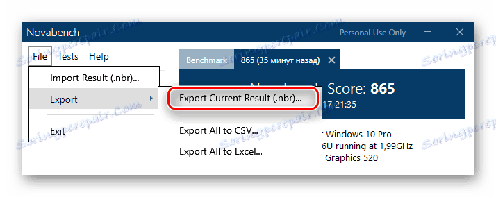 Przycisk do zapisania bieżących wyników testu w pliku programu w Novabench