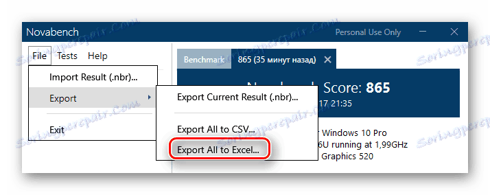 Przycisk do zapisywania wyników testu w arkuszach kalkulacyjnych Excel w Novabench