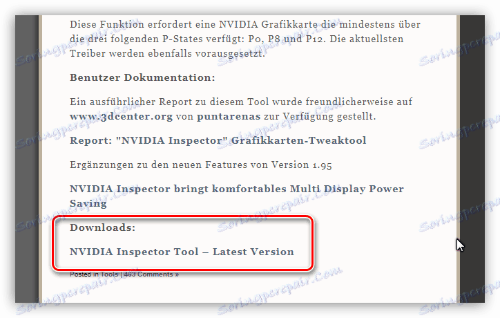 Odkaz na stiahnutie NVIDIA inšpektora na oficiálnych stránkach vývojára