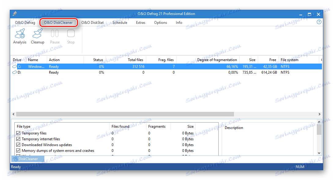 OO DiskCleaner nástroj v OO Defrag