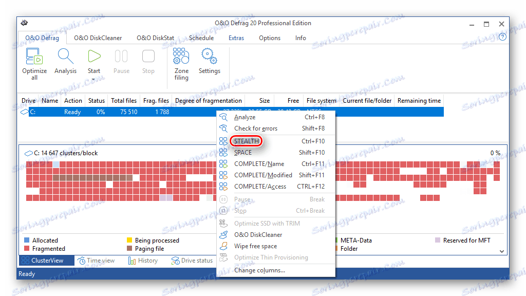 Tlačítko Spustit metodu defragmentace Stealth v OO Defrag