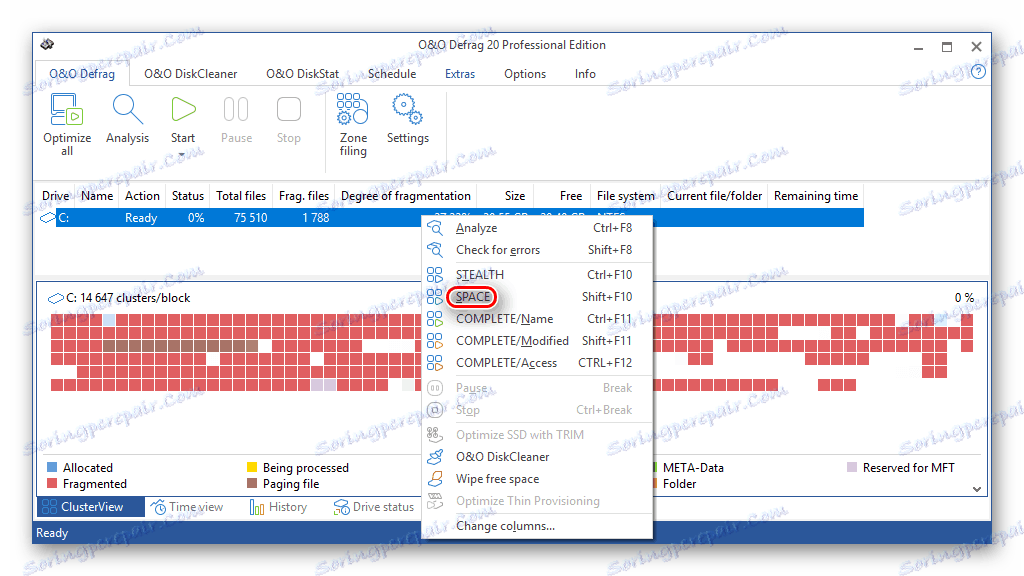 Tlačítko pro spuštění metody Defragmentace prostoru v aplikaci OO Defrag
