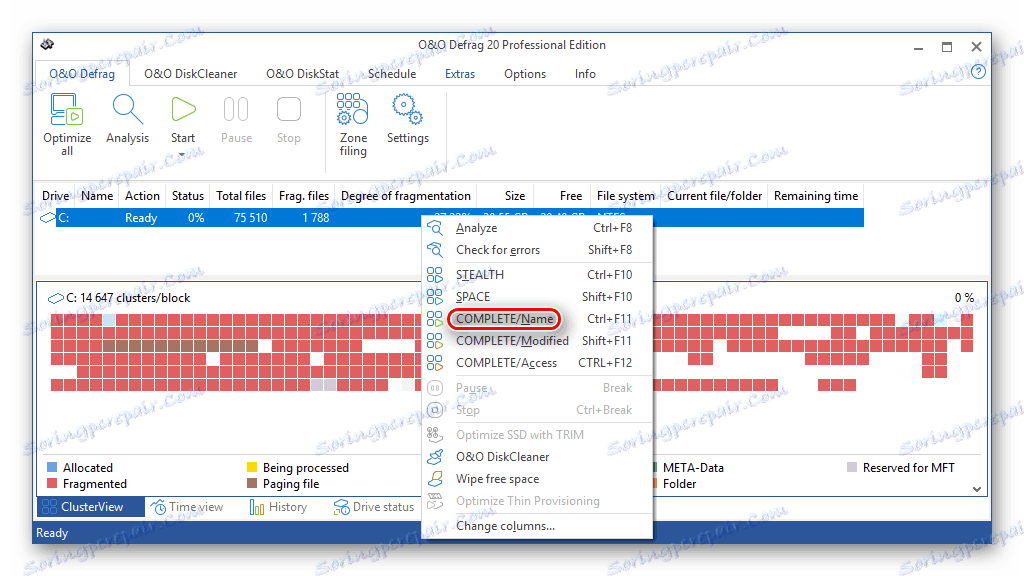 Tlačítko pro spuštění úplného názvu metody defragmentace v programu OO Defrag