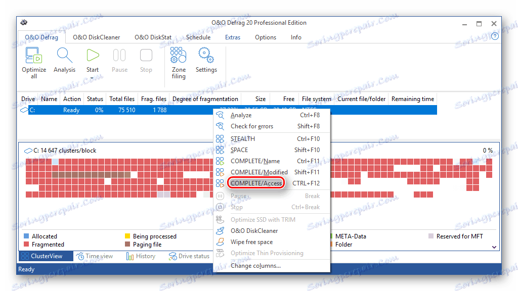 Tlačítko pro spuštění aplikace Defragmentation Complete-Access v OO Defrag