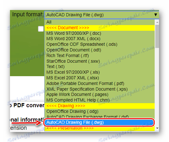 Izberite format izvorne datoteke na ConvertFiles.com