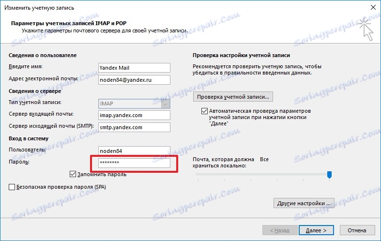 Zadejte nové heslo do nastavení účtu aplikace Outlook
