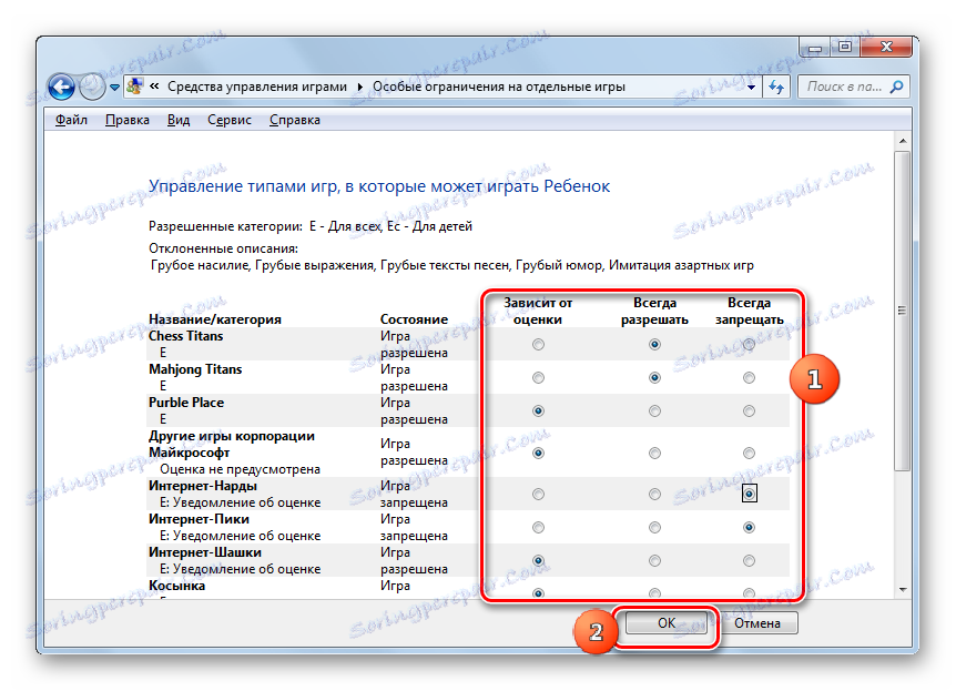 Zmena schopnosti spúšťať hry v okne pre správu typov hier, ktoré môže dieťa hrať v systéme Windows 7