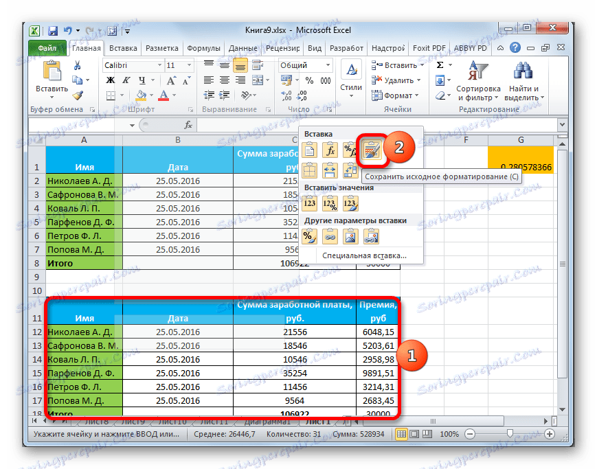 Vkladanie so zachovaním pôvodného formátovania v programe Microsoft Excel