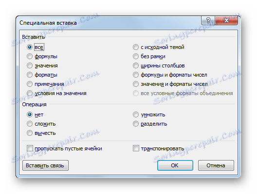 Špeciálne vkladacie okno v programe Microsoft Excel