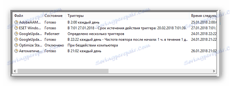 Процесът на намиране на подозрителни задачи в прозореца на Task Scheduler в Windows 8