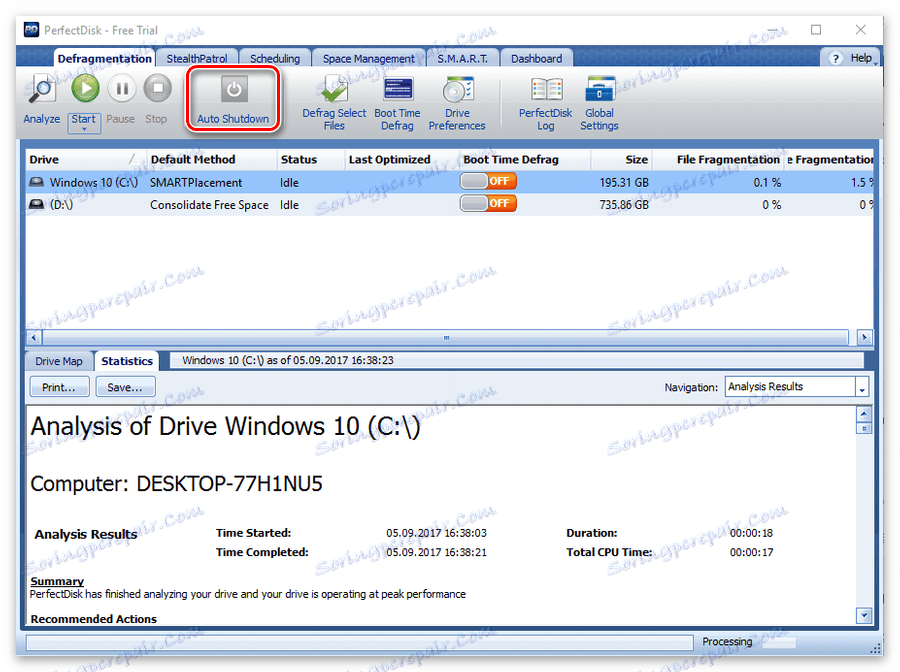 Функция за автоматично изключване след дефрагментиране в PerfectDisk
