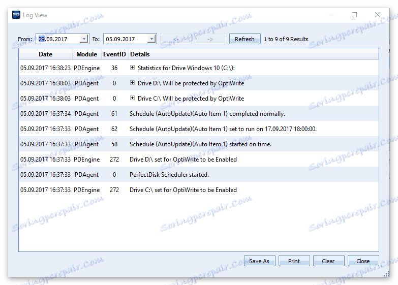 Историята на процесите на програмата относно твърдия диск на компютъра в PerfectDisk