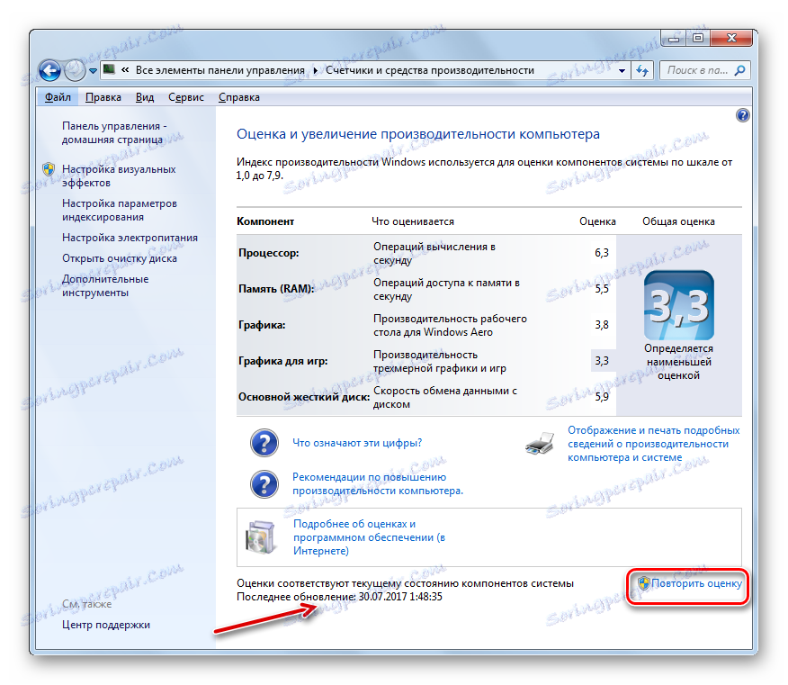 Изпълнете повторна оценка на показателя за ефективност в прозореца за Windows 7 за оценка и подобряване на производителността