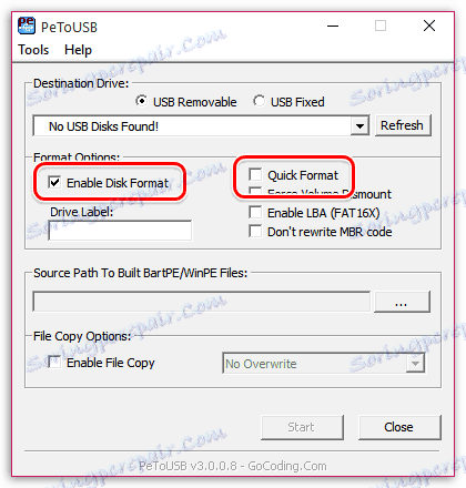 Попереднє форматування диска в PeToUSB