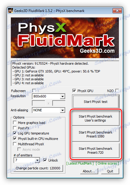 Избор на резолюция на екрана за тестване на производителността на системата в PhysX FluidMark