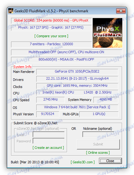 Резултати от тестването на ефективността на графичната система в програмата PhysX FluidMark