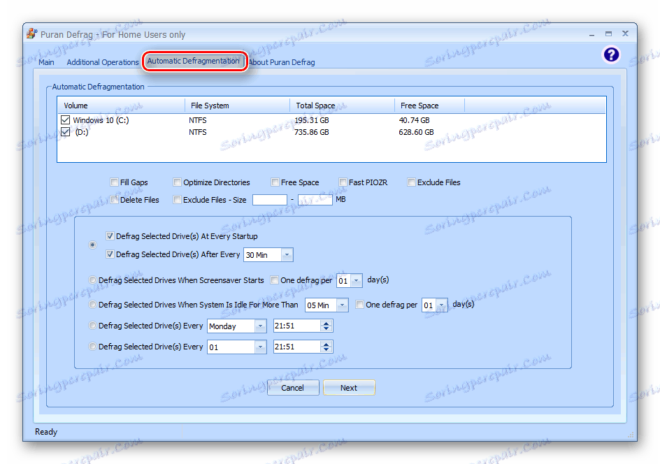 Okno automatického defragmentace v programu Puran Defrag