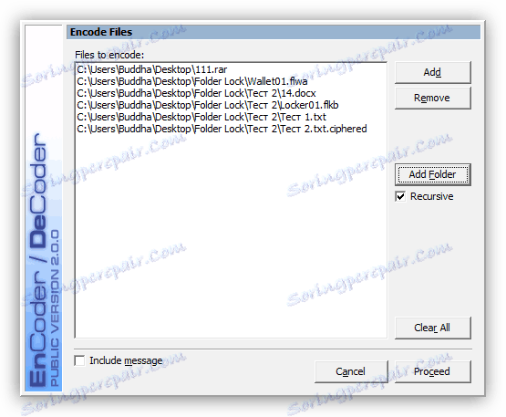Процесът на криптиране на файлове и папки в RCF EnCoder-DeCoder