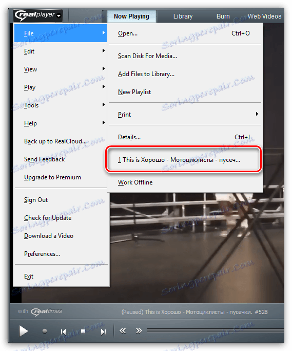 Nedávno otevřené soubory v aplikaci RealPlayer